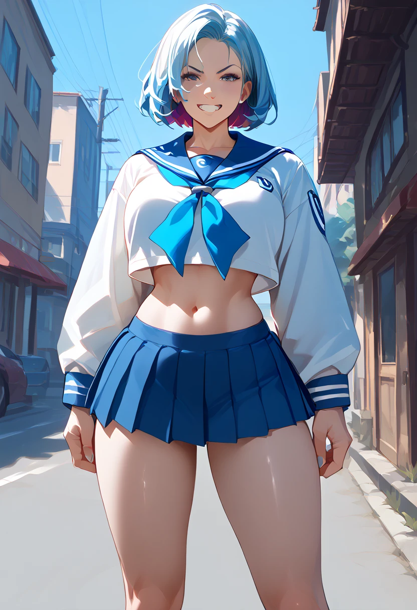  high school girl、 sailor suit、 、 thighs、stomach、 grin 