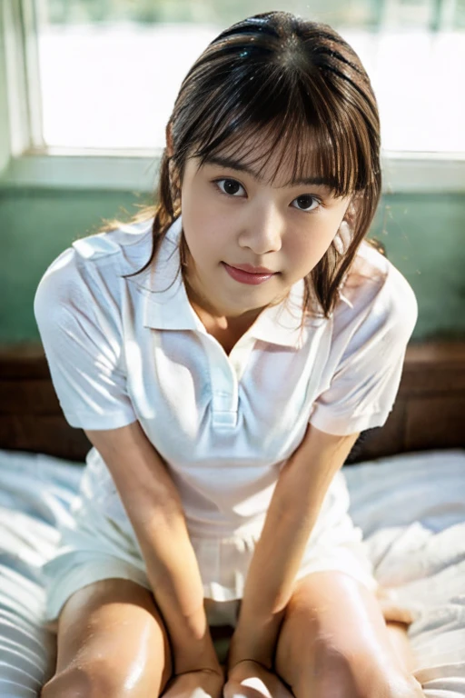 (Masterpiece, Best quality: 1.4), (Ultra realistic, Photo-realistic: 1.2), (From above:1.1), Sitting, Natural light, 28 years old acter, Japanese woman, Neat and clean, ((Wearing white tennis uniform, White short-sleeve polo shirt with collar, Not buttoning the polo shirt, White pleated tennis skirt: 1.3)), (Wearing white sock: 1.2), (Short wavy hair: 1.2), (Beautiful face), Oval face, clear, Beautiful eyes, Kind eyes, Clear skin, Small face, Beautiful mouth, Small mouth, Natural makeup, Approachable, Seductive smile, (Seductive pose: 1.5), (Beautiful thighs: 1.2), (Bedroom eyes: 1.1), Embarrassed, Blush, Luxury hotel Suite room, On bed, (open legs: 1.2), (wet body: 1.2), fellatio, penis