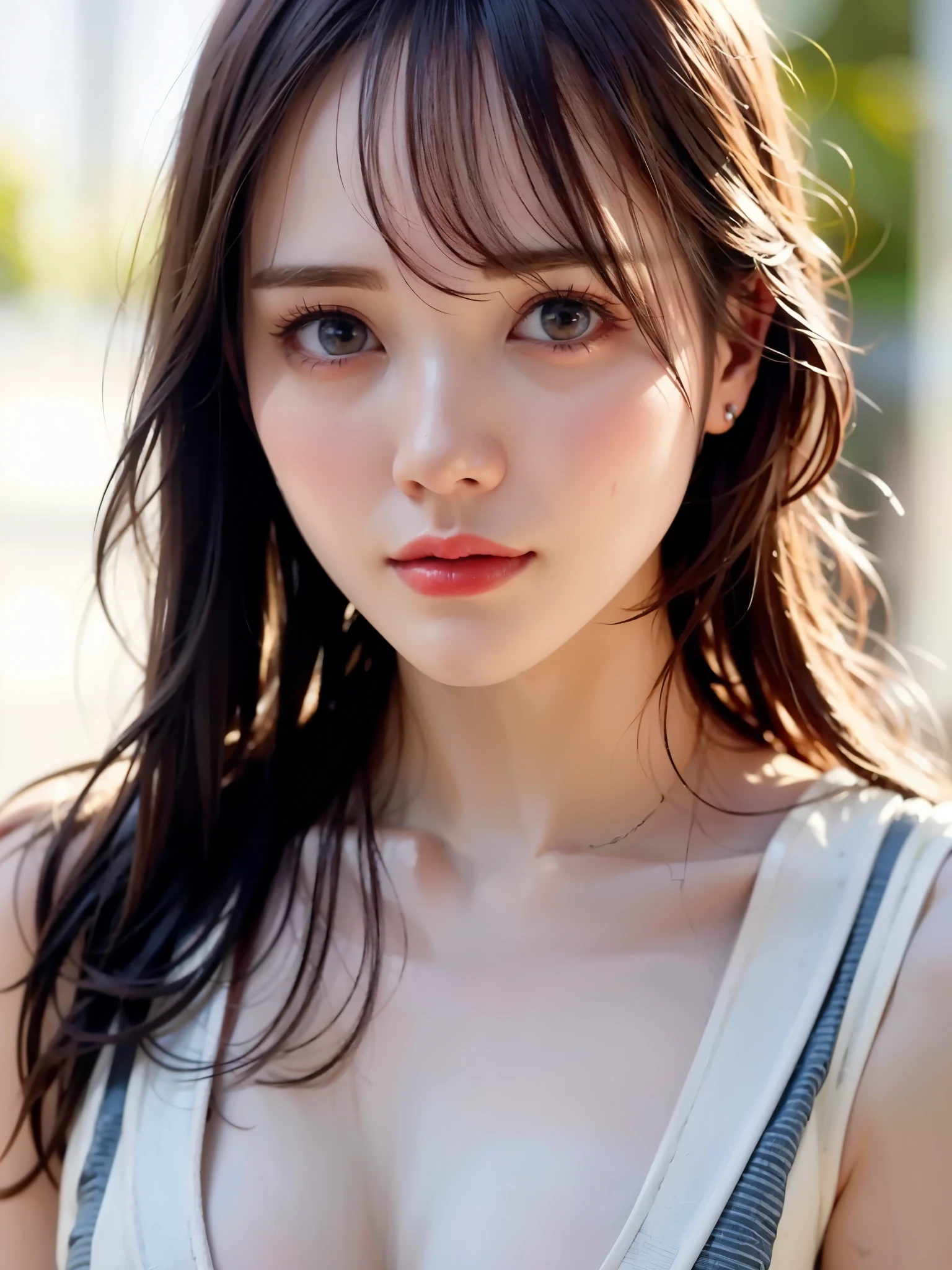 top quality、 Super high resolution 、(Photographically: 1.4)、  beautiful eyes、 1 elegant mature woman、 very beautiful 、 wave hair, ( plump), (big), ( exposure ), ( Detailed explanation of the hair ), (Detailed facial description ), ( Detailed Body Description  ), ( Clear White Muscles),  Unmatched Beauty , (Ultimate beauty), ( Fat Evil Goddess),  long legs ,  metallic purple competitive swimsuit :1.3,  20-year-old male doctor walking around the hospital , compensate, (lipstick:1.1), ( eyeliner :1.2),  mascara,  eyeshadow, big breasts, (45 years old,: 1.4), ( face in the center of the screen: 1.4),