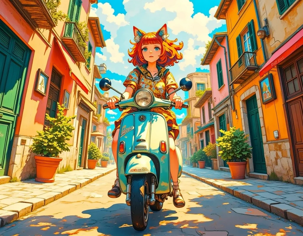 (masterpiece, top quality :1.2), one couple,a cute cat-eared girl/(red-brown hair, girly clothes),a human boy/(Normal human,black hair,casual wear),they ride on single vespa,Old Italian Townscapes, Friendly Atmosphere 、Hand-drawn illustration, Intense colors, stylish anime,peaceful moment,safe for work