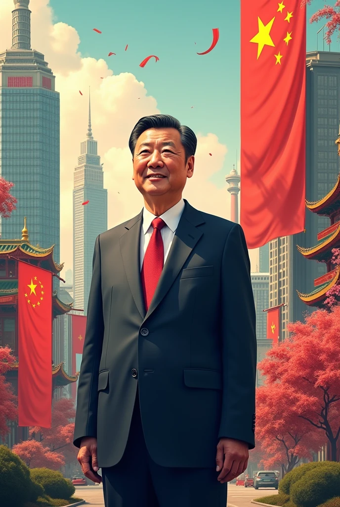 Photorealistic Xi Jinping with an expression of fright, looking at the lens standing right side