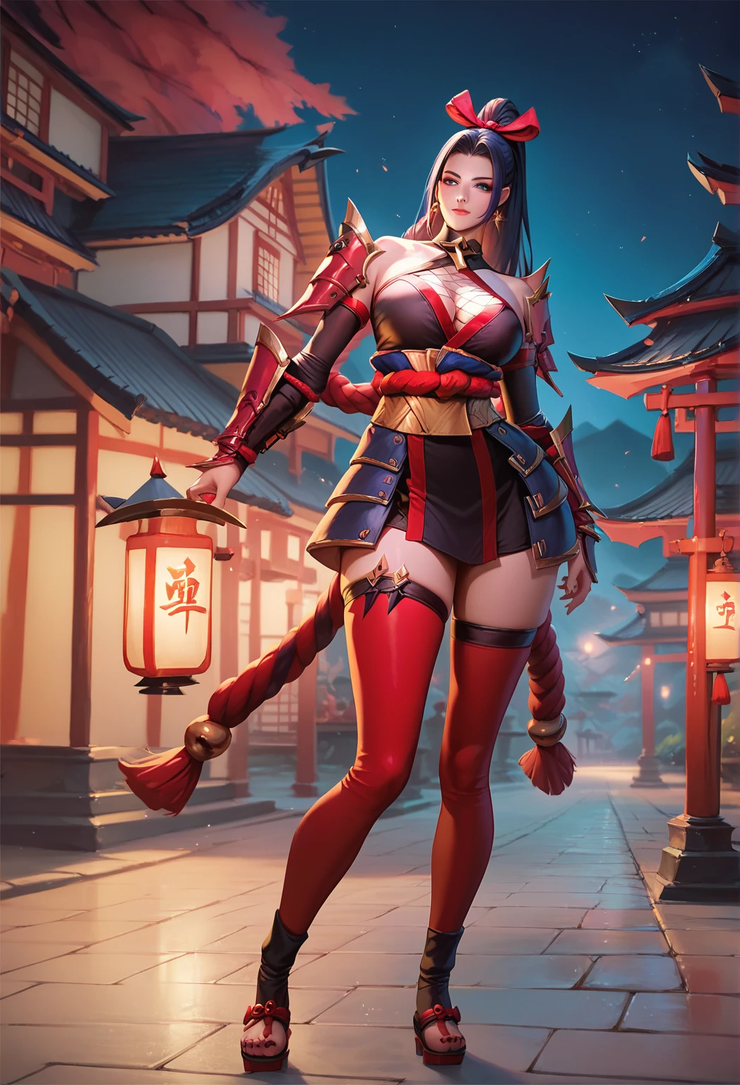 Huge breast,huge ass,wide hips,kunoichi outfits,Hanabi, 1girl, solo, black ponytail hair, red headband, ninja outfit, gauntlets, black shorts, red stocking, kunai in stocking, boots,
shoulder pads,night,outdoor