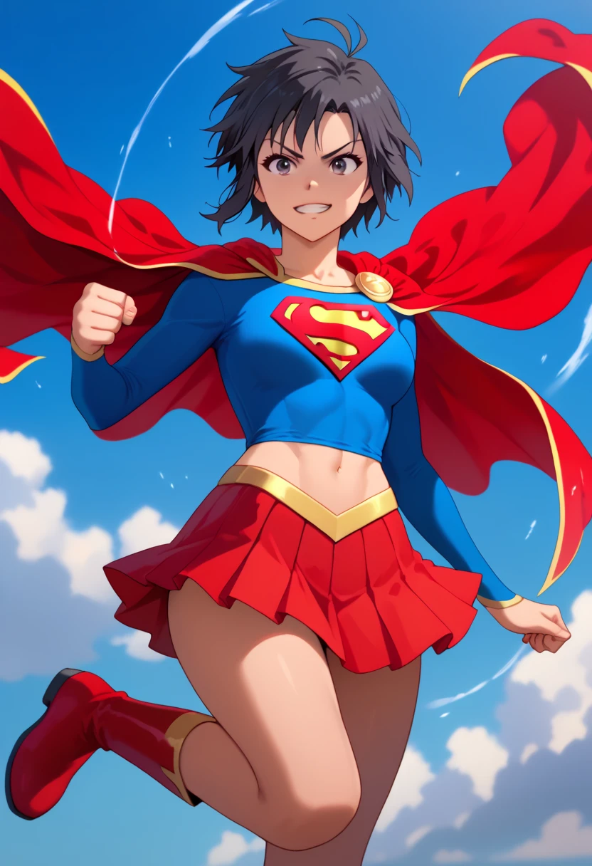 Makoto Kikuchi, known for her athletic build and tomboyish charm, looks striking in the New Earth Supergirl costume. The bold blue top, emblazoned with the iconic red and yellow 'S' emblem on her chest, enhances her dynamic and confident energy. A short red cape flows from her shoulders, adding a touch of heroism to her already strong and spirited presence. The outfit includes a red skirt and high red boots, showcasing her toned and athletic figure, while maintaining a sense of classic superhero style. Makoto’s short black hair and determined expression blend perfectly with the costume’s powerful aura, combining her energetic, competitive nature with the boldness of Supergirl. This transformation highlights her courageous spirit and strength, presenting her as a fearless and inspiring heroine.