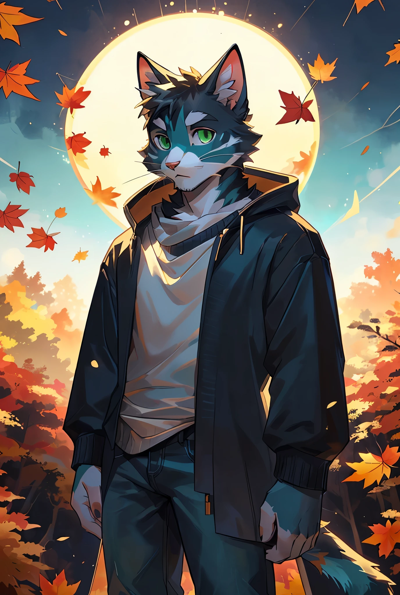  (1 male Cat ), (170 ), (Skinny Male Physique), ( green eyes), ( Beautiful coat color ), ( Wearing a t-shirt,  jeans and sweater ), ( cute and cool in appearance ), ( stands in a cute pose with a two-handed sword,  holds a A turquoise black hole that sucks in air above his hand ), ( Against the background of the autumn forest)