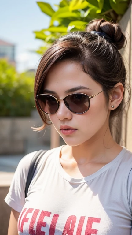 ((Realistic lighting, Best quality, 8K, Masterpiece: 1.3)), Clear focus: 1.2, 1girl, Perfect body beauty: 1.4, Slim abs: 1.1, ((dark brown hair, Medium breasts: 1.3)), (gray T-shirt: 1.4), (Outdoor, day: 1.1), City streets, Super fine face, fine eyes, double eyelids,wearing sunglasses,wearing jeans