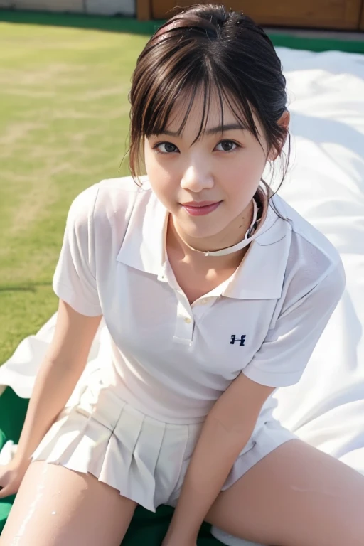 (Masterpiece, Best quality: 1.4), (Ultra realistic, Photo-realistic: 1.2), (From above:1.1), Sitting, Natural light, 28 years old acter, Japanese woman, Neat and clean, ((Wearing white tennis uniform, White short-sleeve polo shirt with collar, Not buttoning the polo shirt, White pleated tennis skirt: 1.3)), (Wearing white sock: 1.2), (Short wavy hair: 1.2), (Beautiful face), Oval face, clear, Beautiful eyes, Kind eyes, Clear skin, Small face, Beautiful mouth, Small mouth, Natural makeup, Approachable, Seductive smile, (Seductive pose: 1.5), (Beautiful thighs: 1.2), (Bedroom eyes: 1.1), Embarrassed, Blush, Luxury hotel Suite room, On bed, (open legs: 1.2), (wet body: 1.2), fellatio, penis