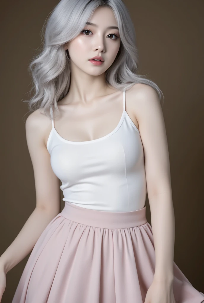  beauty　 white skin　 pink lipstick 　 eyeliner　long curls silver ash hair big boobs　 skirt 