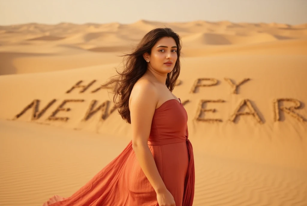 "A woman standing on a vast, golden desert, her long flowing dress fluttering in the wind. The dress hugs her body just enough to reveal her silhouette, while the strong desert breeze lifts her hair and dress. Behind her, the words 'Happy New Year' are formed in the sand, with the horizon stretching endlessly in the background. The golden light of the setting sun creates a warm glow, filling the scene with a sense of freedom and new beginnings."