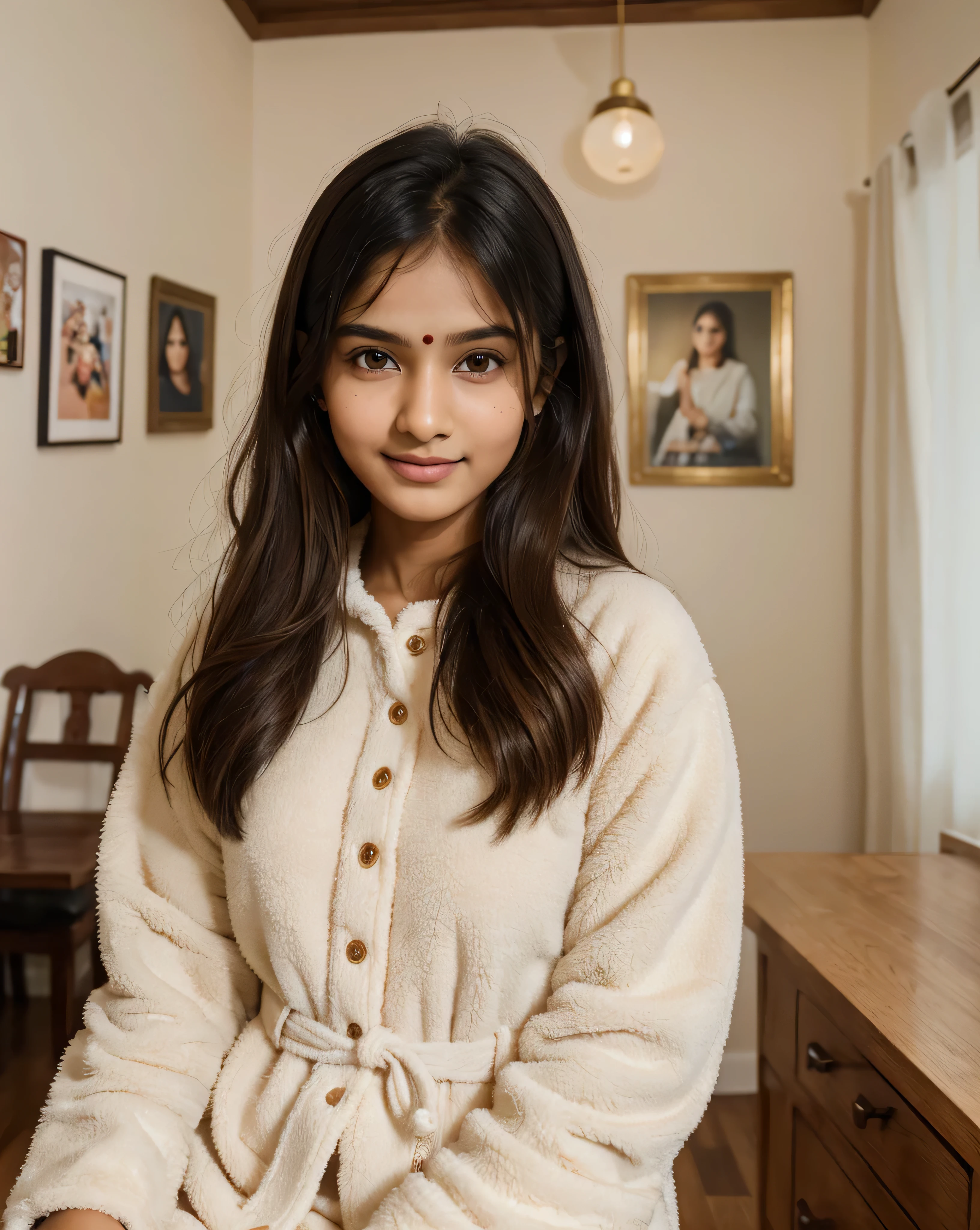 indian girl , portrait photo, inside her home,  Amazing, wearing winter pajamas, proper red jacket with no cap, in a concert, festival, family, portrait, neon lightening, beautiful nose, beautiful eyes, perfect anatomy,slender body, beautiful smile, full body, fluffy cheeks, cute girl, less makeup on face, minimalistic makeup, natural looking photo, close up photo 
 