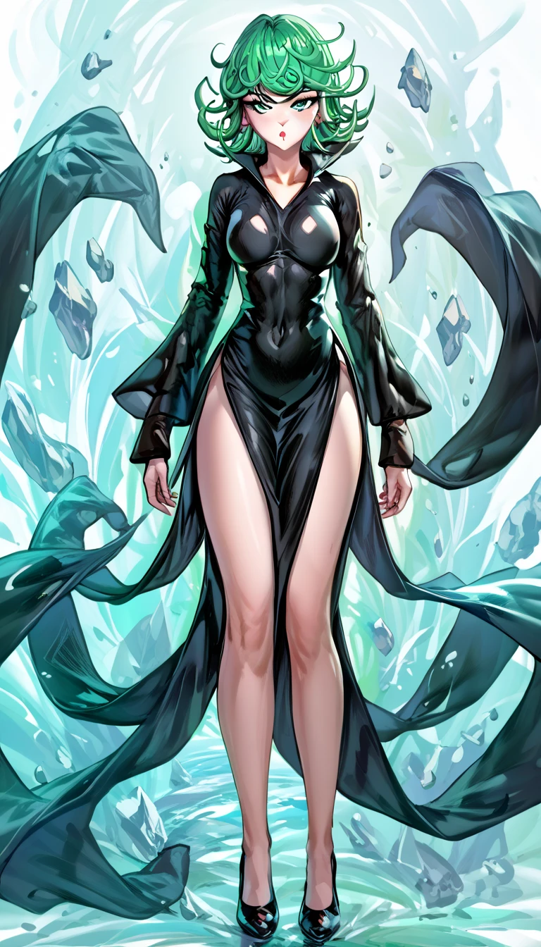 , tatsumaki, green hair, green eyes, short hair, black dress, nephros heels, black dress, big tits, huge tits, big boobs, big breasts, ,, 