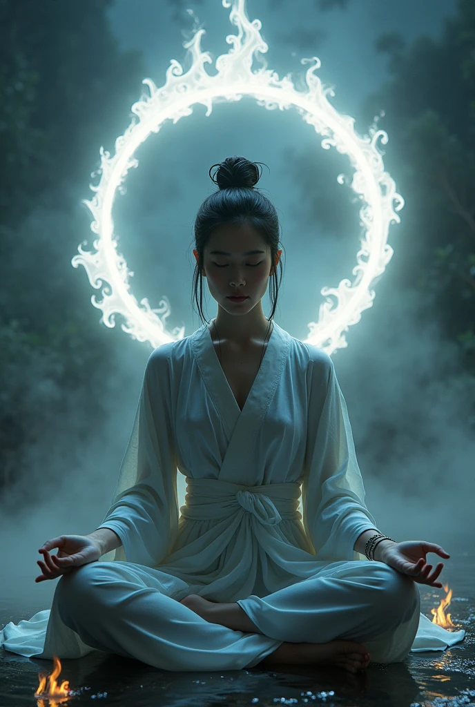 ((front view, facing viewer)), A Japanese woman (Beautiful face, supermodel) in naked shadow art meditating in mid air flying with three burning katanas in white colour flames (side shot )(three katanas flying in shape of circle)(meditating in air)(surreal digital art)
(Dark ocean)(Digital art)Surreal art, The image includes a game-like interface with menus and magics,Fantasy detailers