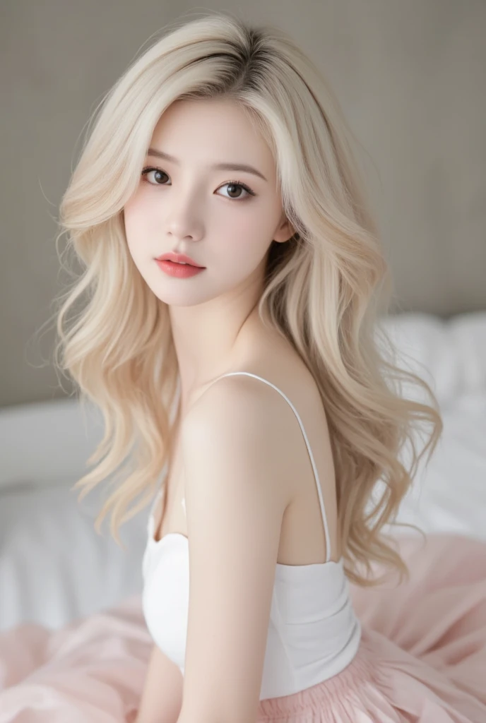  beauty　 white skin　Red lipstick　 eyeliner　 long curls blonde hair　 skirt 