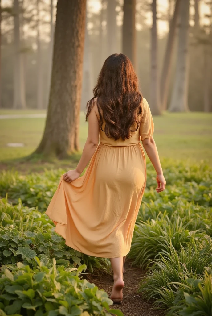 "A woman walking through a peaceful forest clearing at dawn, bathed in the soft light of the rising sun. She wears a loose, bohemian-style outfit with a flowy skirt and top that moves with the gentle breeze. Her bare feet touch the dew-covered grass, and the soft mist around her gives the scene an ethereal quality. The words 'Happy New Year' are written on the bark of a nearby tree in an elegant script, blending seamlessly with the natural surroundings. The whole scene feels like a new beginning, full of hope and serenity."