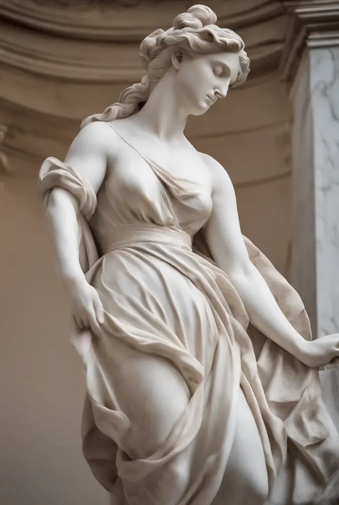 statue of a woman, estilo Michelangelo, long hair up to the waist, a white marble sculpture with cracks, classical realism, corpo inteiro