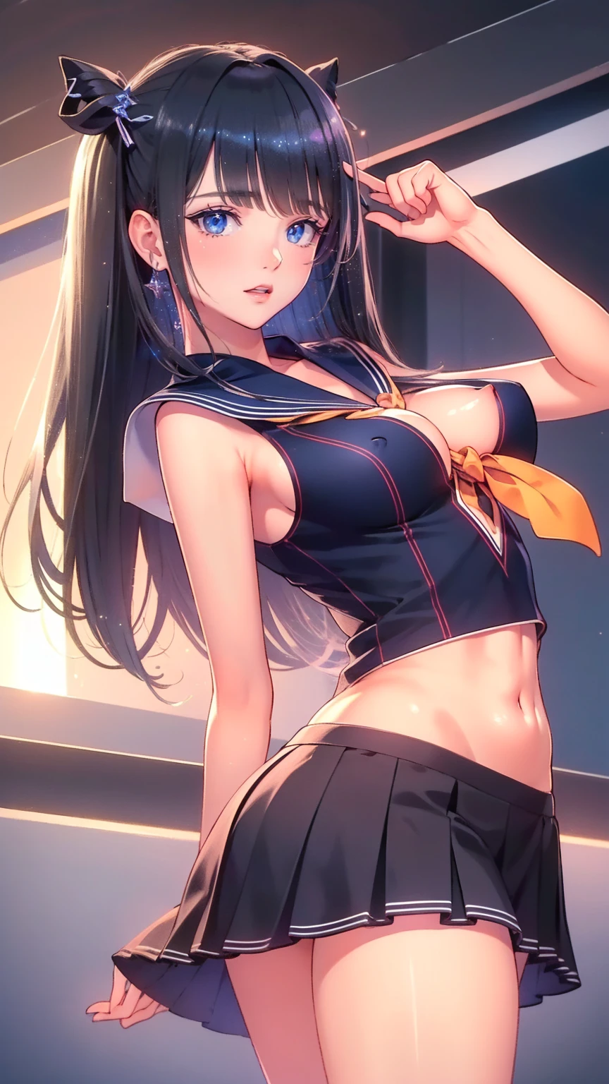 最high quality、best image quality、masterpiece、with a girl((18-year-old、serafuku、vest bust、bust 80、long straight black hair、blue eyes、valley、happiness、Slender、embarrassing,Pull up your bra、nipple、lift up the skirt、On your back))high quality、beautiful art、With background((on the bed))、elaborate design、(detailed and beautiful eyes:1.6)、