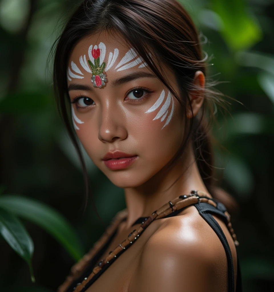 a beautiful sexy native woman, detailed facial features, long dark hair, intricate tribal tattoos, glowing skin, exotic jewelry, detailed tribal clothing, detailed tropical jungle background, award winning photography, cinematic lighting, vibrant colors, stunning portrait