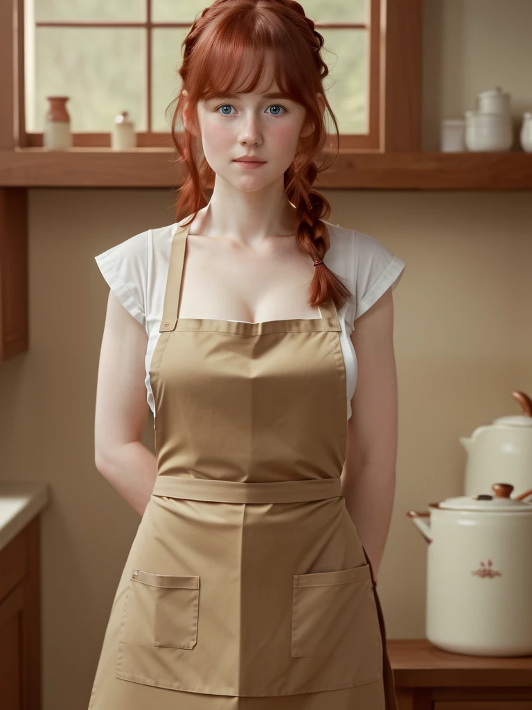 West Indian mixed race, Red hair, blue eyes, very thin, French maid uniform, short skirt, you can see the underwear, doing housework in bombs, in the well-known , Ready to deepthroat, realistic photo, cara angelical, surprised face