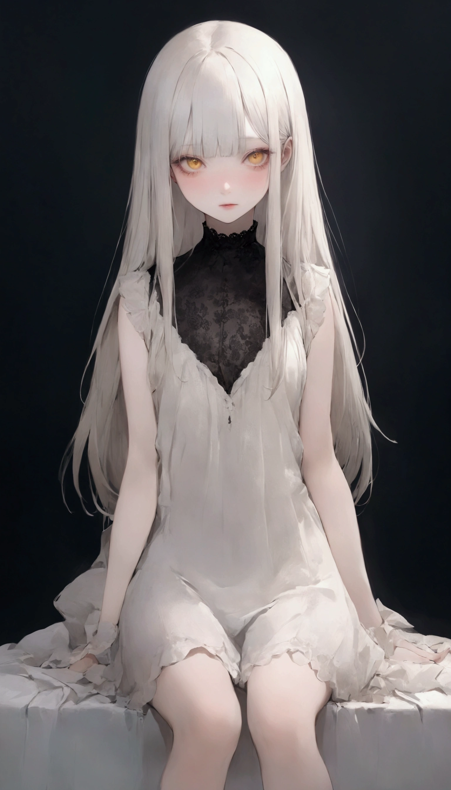   bright color:1.7、    LOSING PASTEL COLORS   :1.7、(  Top Quality 、masterpiece、     very detailed、     one girl   、((非常に   cute face)) , ((    long hair )),  long white hair ,     very long straight hair  , Short bangs, Albino white skin,  Yellow Eye  ,    The real feel of a woman  ,    cute face、Silky Short Blonde、 knees、     gothic fashion 、     very detailed目、   cute face、  bright color:1.7、    LOSING PASTEL COLORS   :1.7