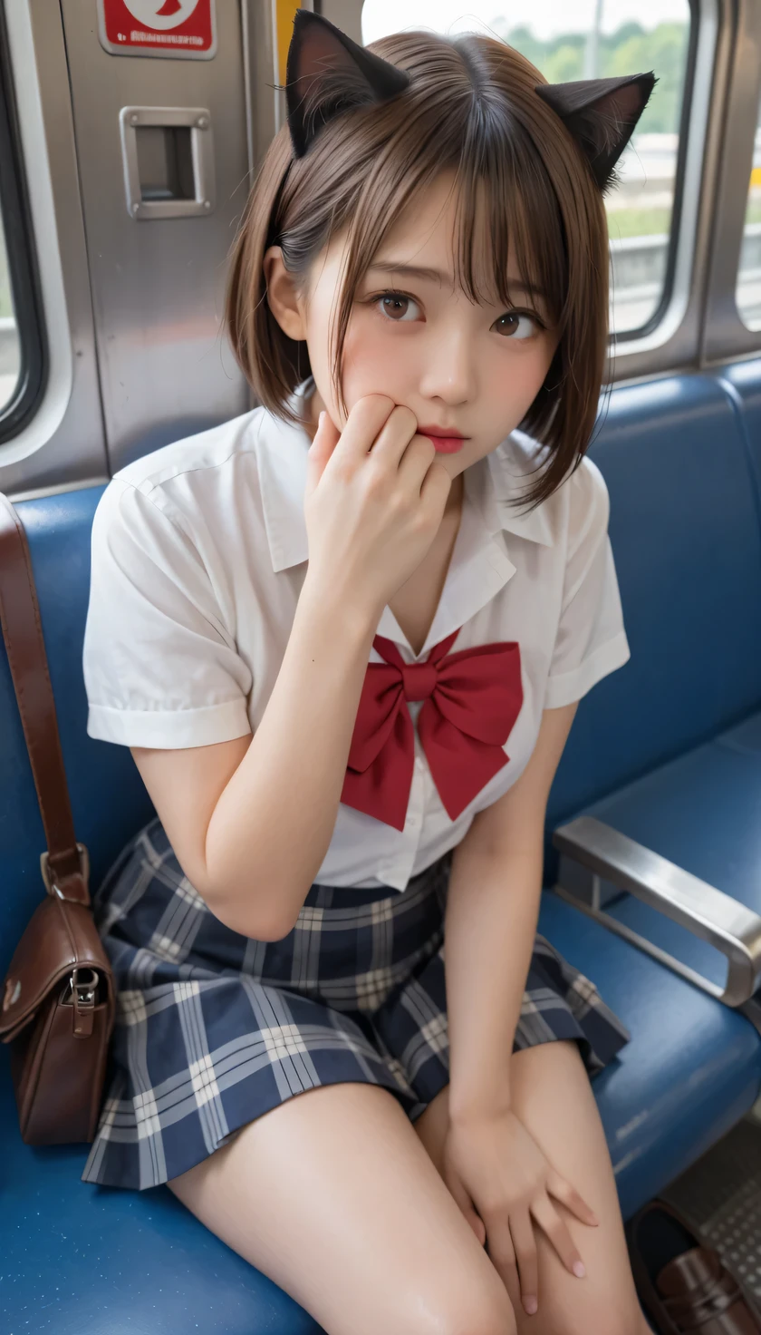  loafers in white, in train, head back, side head, Cat-Eared Girl, short hair, brown eyes, (Japanese Gal), (plain Japanese face ), pov (hand job, grab:1), ejaculate lot of cum, highly detailed skin, best quality, super detailed face, vibrant colors, (Curvaceous body), one girl, Alone, shy and cry and (angry:0.1) and hot and confused, Brown Hair, skirt, white blouse, a red ribbon, sit on train seat, wet seat, beautiful thighs, (embarrassing), cat pose, Shiny thighs, wet micro panties, close up (love juice, pussy juice:1.1), perfect fingers 