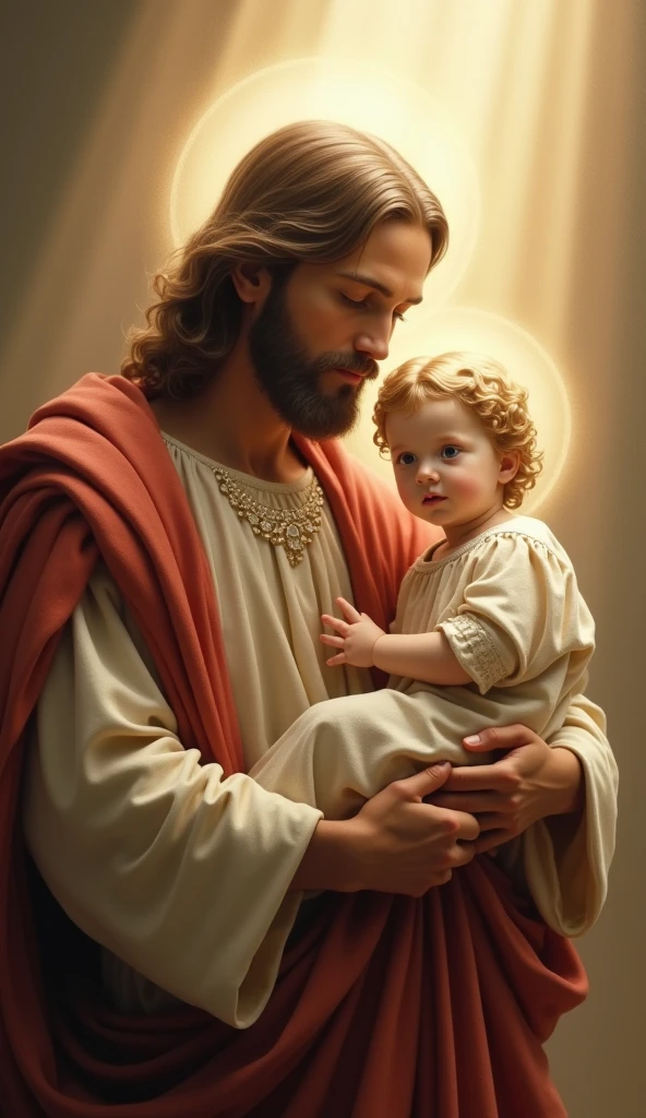 Image of a man holding a baby in his arms, Com o Menino Jesus, pai com filho, orthodox saint christopher, roman catholic icon, pai, Jovem Deus Todo-Poderoso, catholic icon, with a kid, imagens sagradas, Santo de ouro bonito, santo, christian saint, altamente renderizado, pintado digitalmente, por Peter Christ, Directed by: Juan O'Gorman