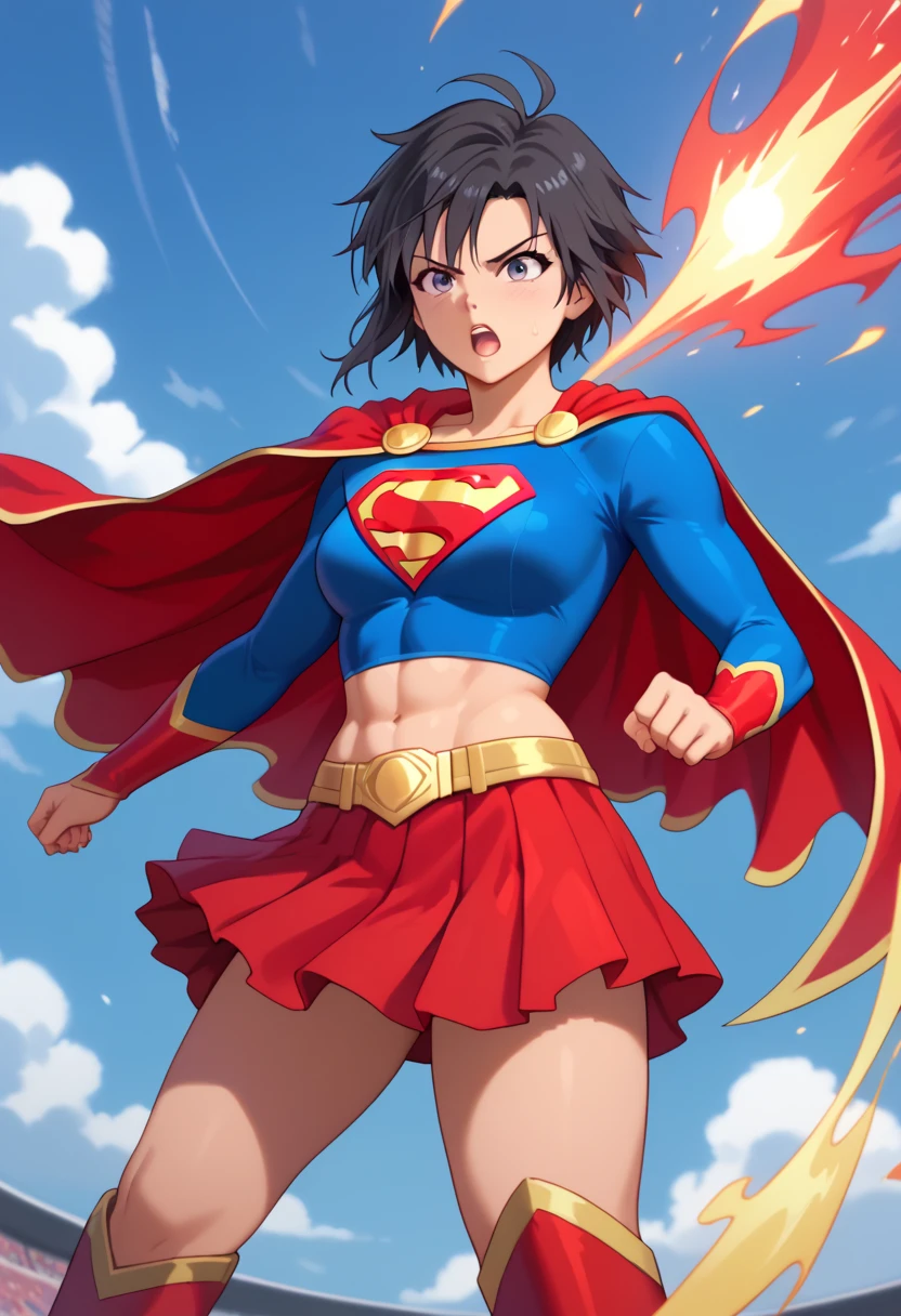 Makoto Kikuchi, known for her athletic build and tomboyish charm, looks striking in the New Earth Supergirl costume. The bold blue top, emblazoned with the iconic red and yellow 'S' emblem on her chest, enhances her dynamic and confident energy. A short red cape flows from her shoulders, adding a touch of heroism to her already strong and spirited presence. The outfit includes a red skirt and high red boots, showcasing her toned and athletic figure, while maintaining a sense of classic superhero style. Makoto’s short black hair and determined expression blend perfectly with the costume’s powerful aura, combining her energetic, competitive nature with the boldness of Supergirl. This transformation highlights her courageous spirit and strength, presenting her as a fearless and inspiring heroine.