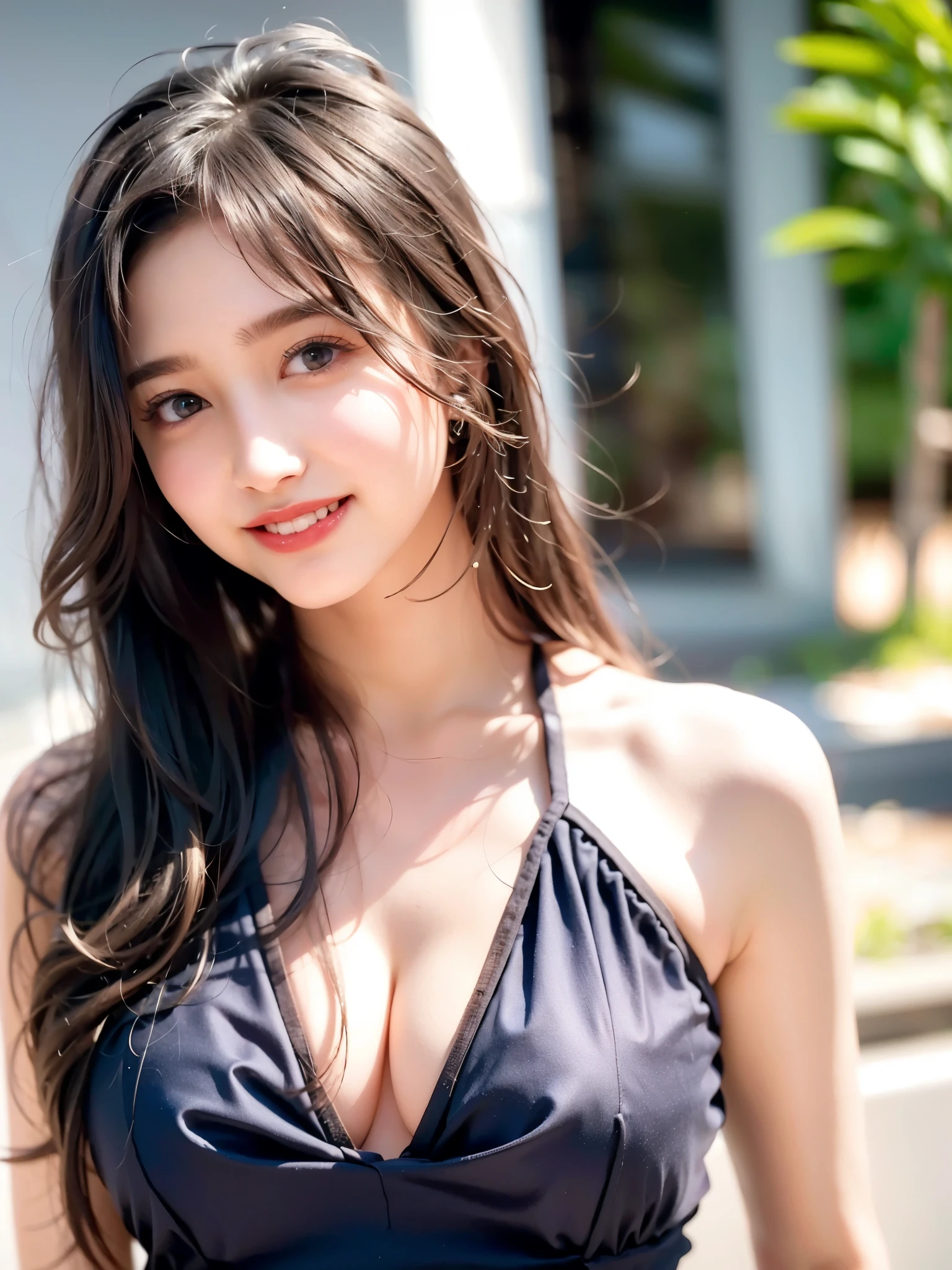 top quality、 Super high resolution 、(Photographically: 1.4)、 beautiful eyes、 1 elegant mature woman、 very beautiful 、smile, ( plump), (big), ( exposure ), ( Detailed explanation of the hair ), (Detailed facial description ), ( Detailed Body Description ), ( Clear White Muscles), Unmatched Beauty , (Ultimate beauty), ( Fat Evil Goddess), long legs , metallic purple competitive swimsuit :1.3, 20-year-old male doctor walking around the hospital , compensate, (smile,lipstick:1.1), ( eyeliner :1.2), mascara, eyeshadow, big breasts, (45 years old,: 1.4), ( face in the center of the screen: 1.4),
