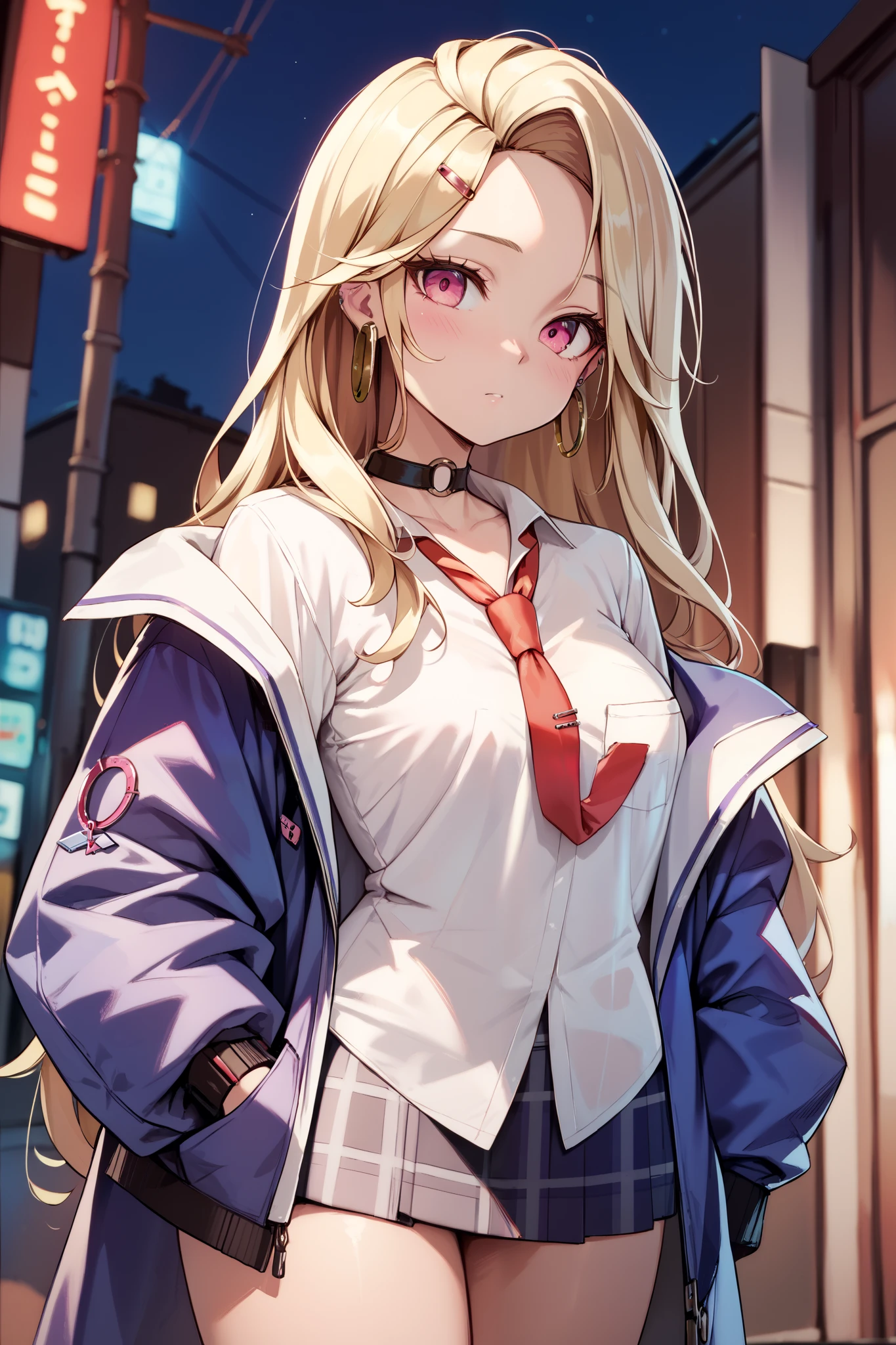 Nnkk, pink eyes, blonde hair, long hair, hairclip, hoop earrings, black choker, white shirt, red necktie , loose necktie, blue jacket, plaid skirt,blush,Hotel district、night