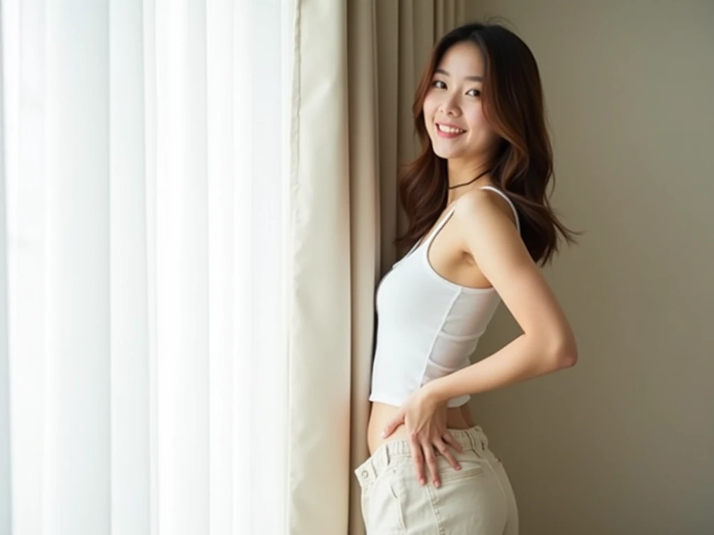 realistic photo, korean girl, 19years old, beautiful face, sexy body, large breast
in tight ivory leggings , wear a black laces bralette, very big and perfect breasts, posing sideways in the kitchen, cinematic light, smiling, flirts with the camera, sensual pose