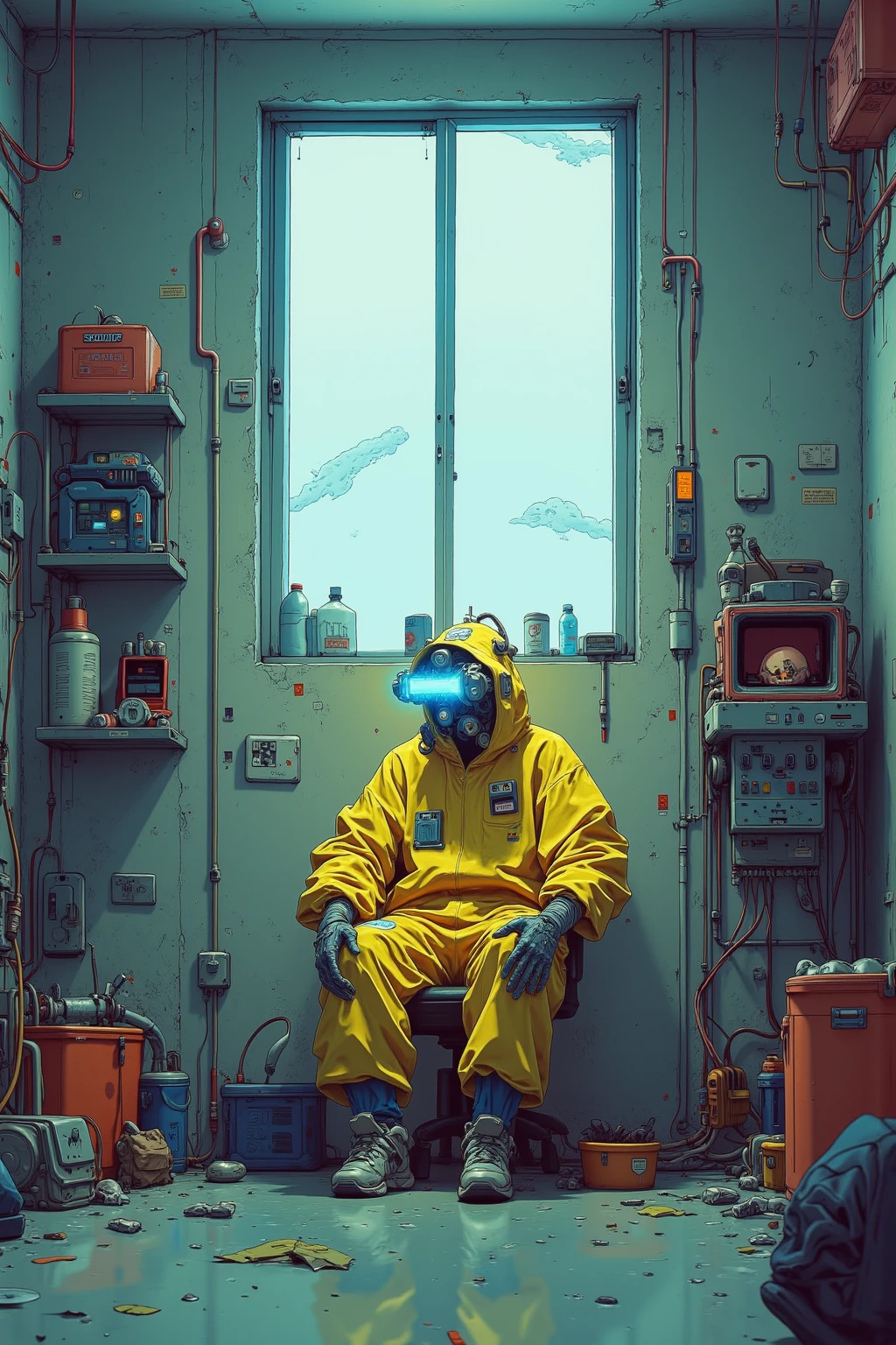   strange room ,A crazy man wearing clothes designed to look like a protective suit is sitting,Ultra-realistic composition ,   surreal style  ,  neo-surrealistic    .     digital art   , surrealistic     digital art   work,   Surreal Scene  ,   surreal photography  , surreal 3 d render,   Surrealist Conceptual Art    ,   Dreamy Art  ,   surreal photography  graphy,   surrealist photography  ,  items floating in the air  、lots of items , ultra high resolution ,   very detailed,  huge room with no windows , Hyacinth,vapor,junk, Wide Angle Shot ,  Proximity Method, Strange 80s Style Synthwave , Synthwave City, Synth Wave Style , Miami Synthwave , Synthwave Art Style from a 2009 SF8K movie, cyberpunk atmosphere , Spectacular Retrowave Art