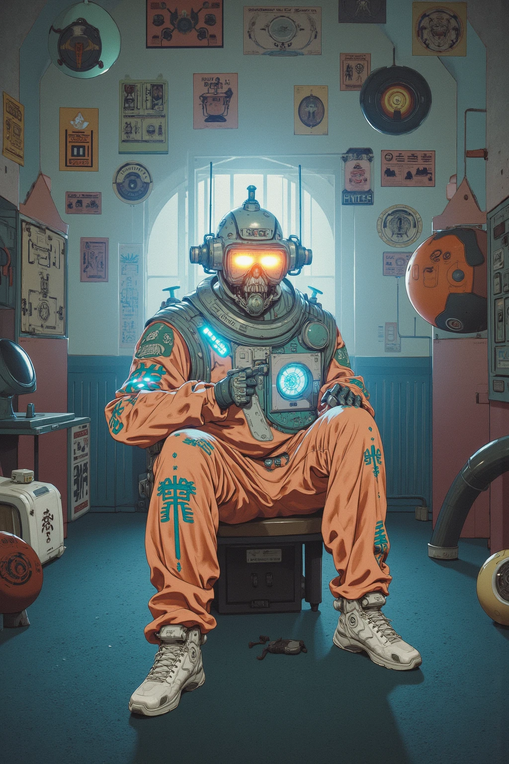   strange room ,A crazy man wearing clothes designed to look like a protective suit is sitting,Ultra-realistic composition ,   surreal style  ,  neo-surrealistic    .     digital art   , surrealistic     digital art   work,   Surreal Scene  ,   surreal photography  , surreal 3 d render,   Surrealist Conceptual Art    ,   Dreamy Art  ,   surreal photography  graphy,   surrealist photography  ,  items floating in the air  、lots of items , ultra high resolution ,   very detailed,  huge room with no windows , Hyacinth,vapor,junk, Wide Angle Shot ,  Proximity Method, Strange 80s Style Synthwave , Synthwave City, Synth Wave Style , Miami Synthwave , Synthwave Art Style from a 2009 SF8K movie, cyberpunk atmosphere , Spectacular Retrowave Art