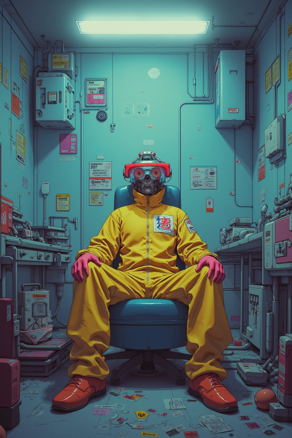   strange room ,A crazy man wearing clothes designed to look like a protective suit is sitting,Ultra-realistic composition ,   surreal style  ,  neo-surrealistic    .     digital art   , surrealistic     digital art   work,   Surreal Scene  ,   surreal photography  , surreal 3 d render,   Surrealist Conceptual Art    ,   Dreamy Art  ,   surreal photography  graphy,   surrealist photography  ,  items floating in the air  、lots of items , ultra high resolution ,   very detailed,  huge room with no windows , Hyacinth,vapor,junk, Wide Angle Shot ,  Proximity Method, Strange 80s Style Synthwave , Synthwave City, Synth Wave Style , Miami Synthwave , Synthwave Art Style from a 2009 SF8K movie, cyberpunk atmosphere , Spectacular Retrowave Art