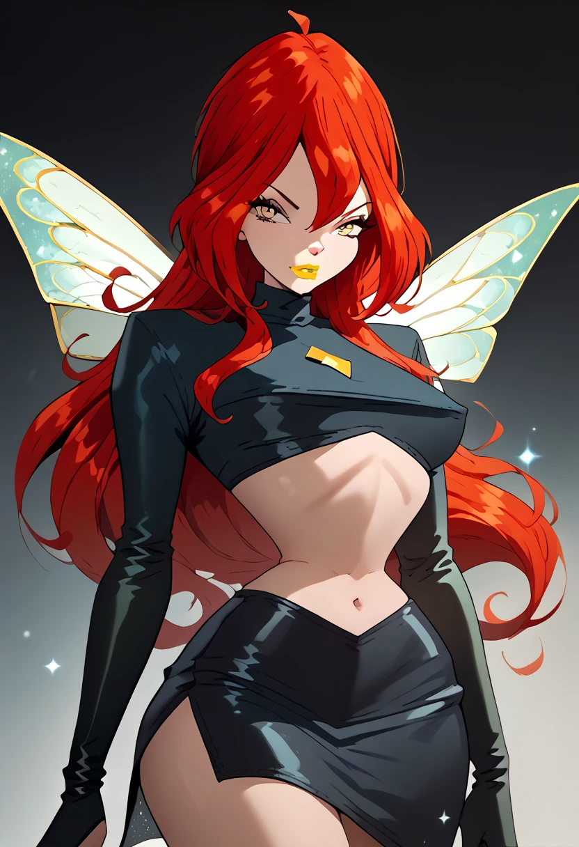 woman, red hair, white skin, yellow eyes, big breasts, anime style, yellow lipstick, long hair, black clothes, fairy wings