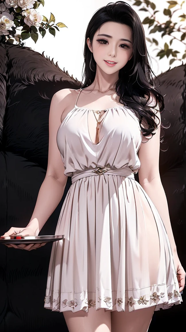  (masterpiece, Best quality, a high resolution, ultra detailed),(beautiful and aesthetically pleasing:1.2), 1 woman, adult woman, black wavy hair, green eyes, lethargic, gentle face,(slight smile:0.8), detailed eyes and face, perfect body, Whole body, Red lips, beautiful make-up, in Muumuu dress, in room, Soft lighting, Whole body, complex parts, cozy atmosphere, pregnancy 