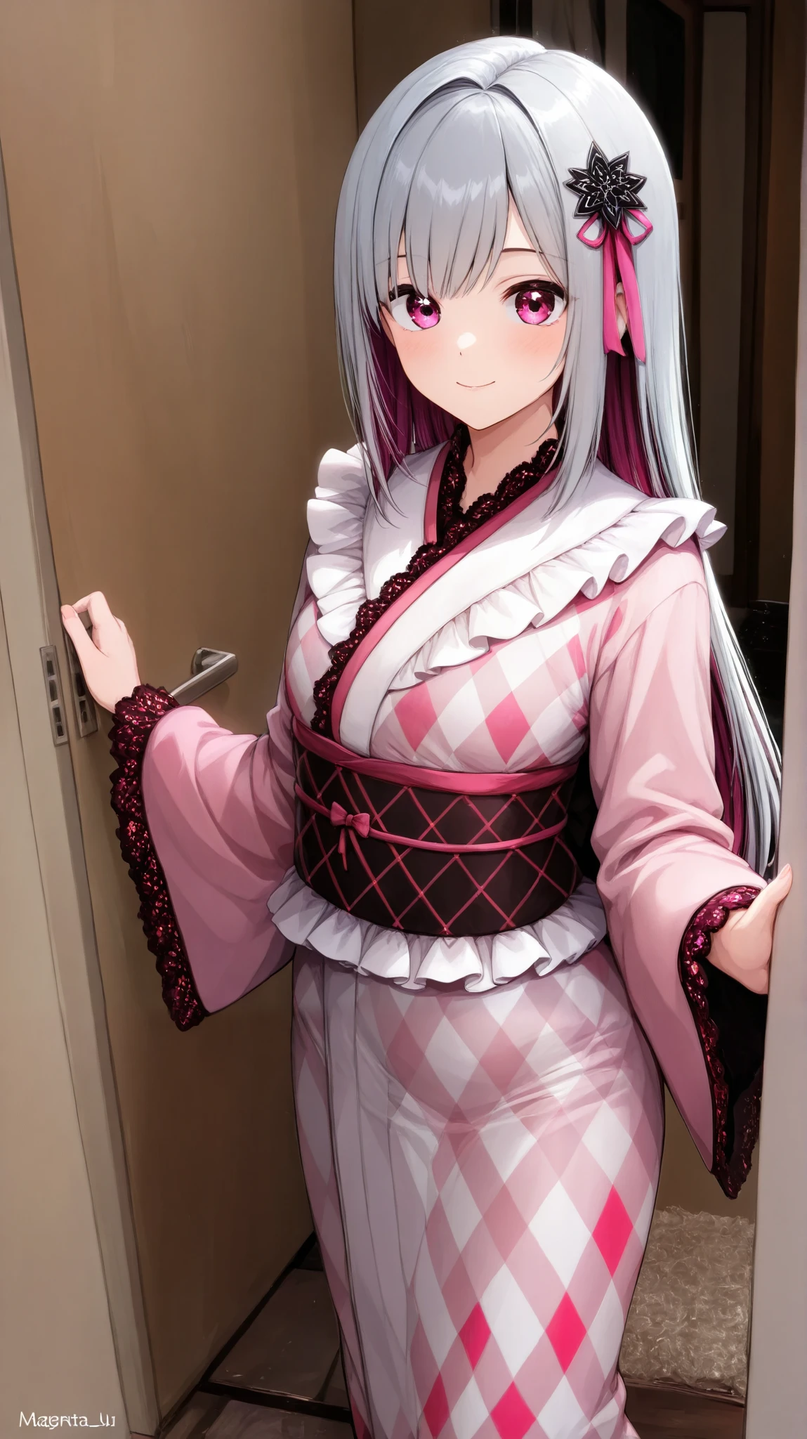   1 girl,Age 19,Long-sleeved kimono,( hair accessories , multicolored hair,  gray hair,Magenta,straight hair,shining hair:1.4),(Eye color AIU  ､Magenta), slender,(Frills,race,Argyle,jirai kei,Long-sleeved kimono), In my room,{ Daytime, in front of the entrance door } ,Front angle ,fulllongshot,smile,  kimono,(master piece,all detailed,high resolution)