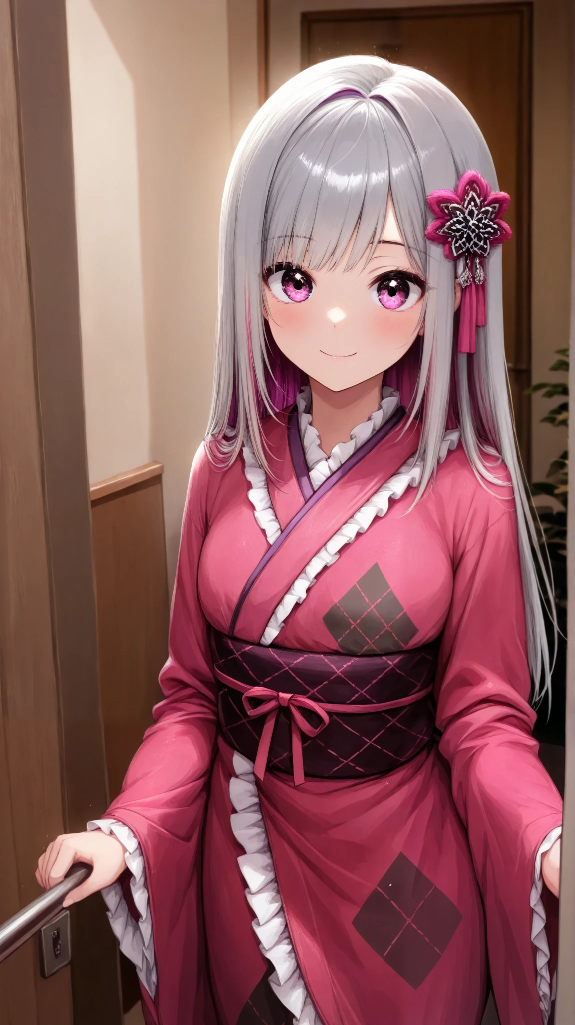   1 girl,Age 19,Long-sleeved kimono,( hair accessories , multicolored hair,  gray hair,Magenta,straight hair,shining hair:1.4),(Eye color AIU  ､Magenta), slender,(Frills,race,Argyle,jirai kei,Long-sleeved kimono), In my room,{ Daytime, in front of the entrance door } ,Front angle ,fulllongshot,smile,  kimono,(master piece,all detailed,high resolution)