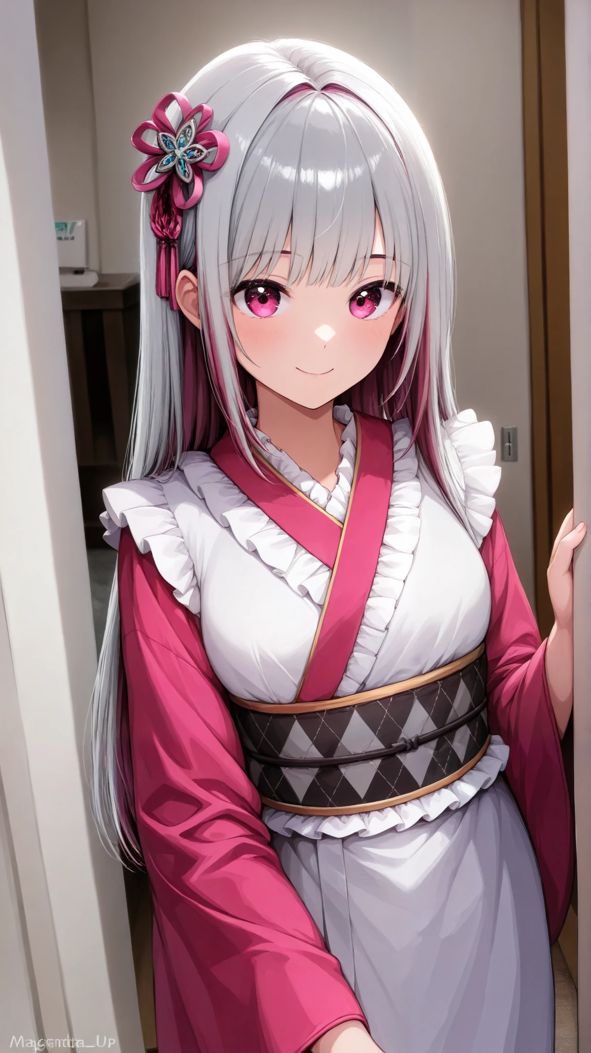   1 girl,Age 19,Long-sleeved kimono,( hair accessories , multicolored hair,  gray hair,Magenta,straight hair,shining hair:1.4),(Eye color AIU  ､Magenta), slender,(Frills,race,Argyle,jirai kei,Long-sleeved kimono), In my room,{ Daytime, in front of the entrance door } ,Front angle ,fulllongshot,smile,  kimono,(master piece,all detailed,high resolution)