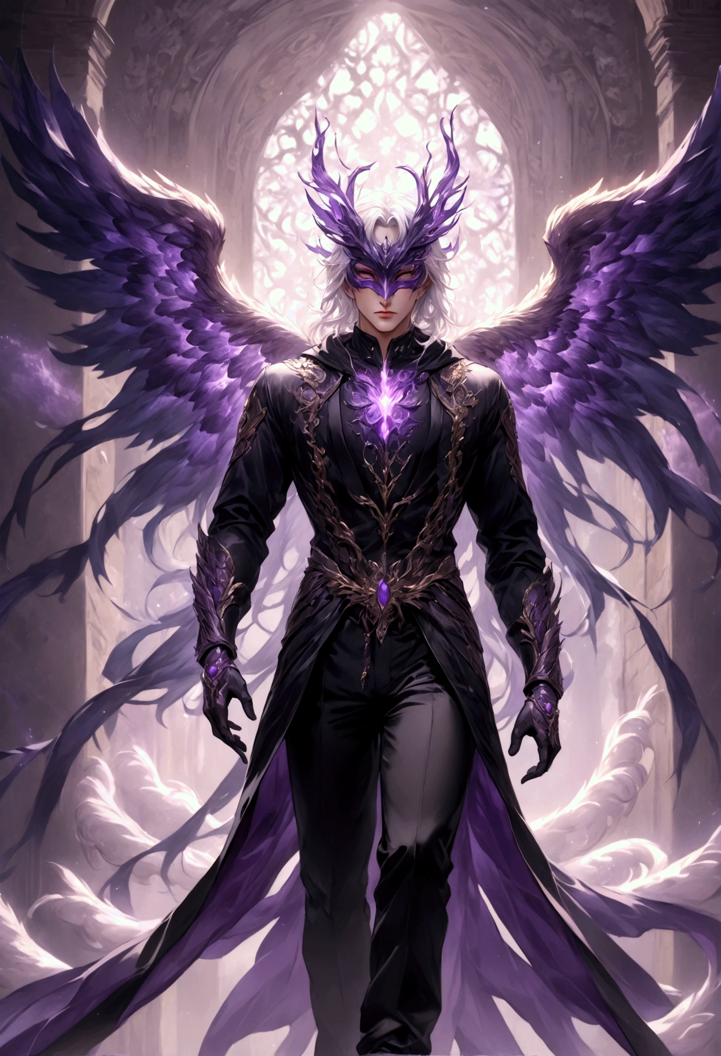 
A masterpiece depicting a stunningly detailed, ultra-high-resolution full-body portrait of a breathtakingly handsome young man. His flawless face is partially concealed by a beautifully designed, intricate purple mask that radiates elegance and mystery. The mask, adorned with fine patterns and glowing accents, seamlessly enhances his ethereal presence. Strands of his long, bone-straight white hair cascade over the edges of the mask, adding a soft, natural touch to its bold design. His glowing bright violet-purple eyes pierce through the openings of the mask, exuding a captivating and otherworldly intensity, while his vibrant red lips remain visible, providing a striking contrast to the mask.

Large, magnificent angel wings radiate a rich purple hue, engulfed in vibrant, mystical purple flames, symbolizing his celestial and fiery essence. The figure embodies the inspiration of a Phoenix warrior, standing with a cold and commanding expression that conveys profound power and authority. His toned, muscular physique is flawlessly sculpted, emphasizing strength and grace. He wears sleek black pants and a black hoodie, perfectly tailored to his form, complemented by a meticulously designed watch that adds a modern, stylish touch.

Floating amidst the breathtaking splendor of the earth, the glowing angelic being is surrounded by cinematic elements. Vivid landscapes and atmospheric lighting enhance the grandeur of the scene, creating a stark contrast to his shadowverse-inspired, enigmatic presence. His majestic aura radiates divine energy, blending heavenly beauty with an air of dark mystery. Every detail, from the intricate design of his mask to the interplay of light and shadow on his figure, is rendered with extraordinary precision, resulting in a visually captivating masterpiece at an unparalleled 128k resolution.

