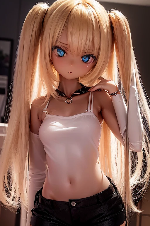 Blonde、Beautiful young woman、Twin tails、Yellow ribbon hair accessory、Realistic beautiful fingers、Black fishnet stockings、Light clothing in summer、Sheer clothing、Attractive clothes、Exposed skin、Transparent panties、Thong、Wet, see-through clothes、