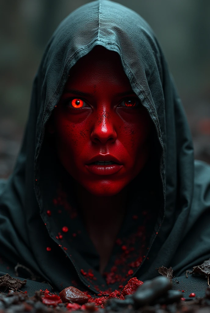Gerar uma imagem do rosto de uma mulher meio velado pela sombra, meio iluminado por um brilho vermelho ardente, simbolizando a luta interna entre a luz e as trevas, amor e maldade, dentro da alma humana. super escuro e sangrento, sorrindo