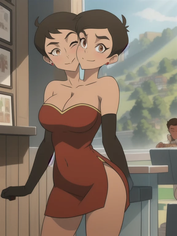 masterpiece, best quality, two-headed mawsLoisLane, 1girl, solo, black hair, short hair, brown hair, upper body, (red dress), (two heads, conjoined_dicephalus), (strapless dress, elbow gloves, makeup, cleavage, bare back), (detailed landscape, bar:1.2), (background), (dynamic_angle:1.2), (dynamic_pose:1.2), (rule of third_composition:1.3), (cheeks rubbing together), (kissing:1.3)
smile,closed mouth,cowboy shot,earrings, sunlight, excited