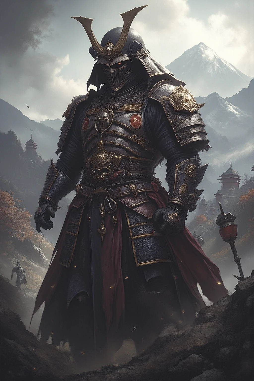 Biopunk samurai wearing demon oni mask, full samurai armor, head down, in village, full body shot, epic realistic, (hdr:1.4), (muted colors:1.4), (intricate details, hyperdetailed:1.2), dramatic , heavy rain, sunset, dark clouds