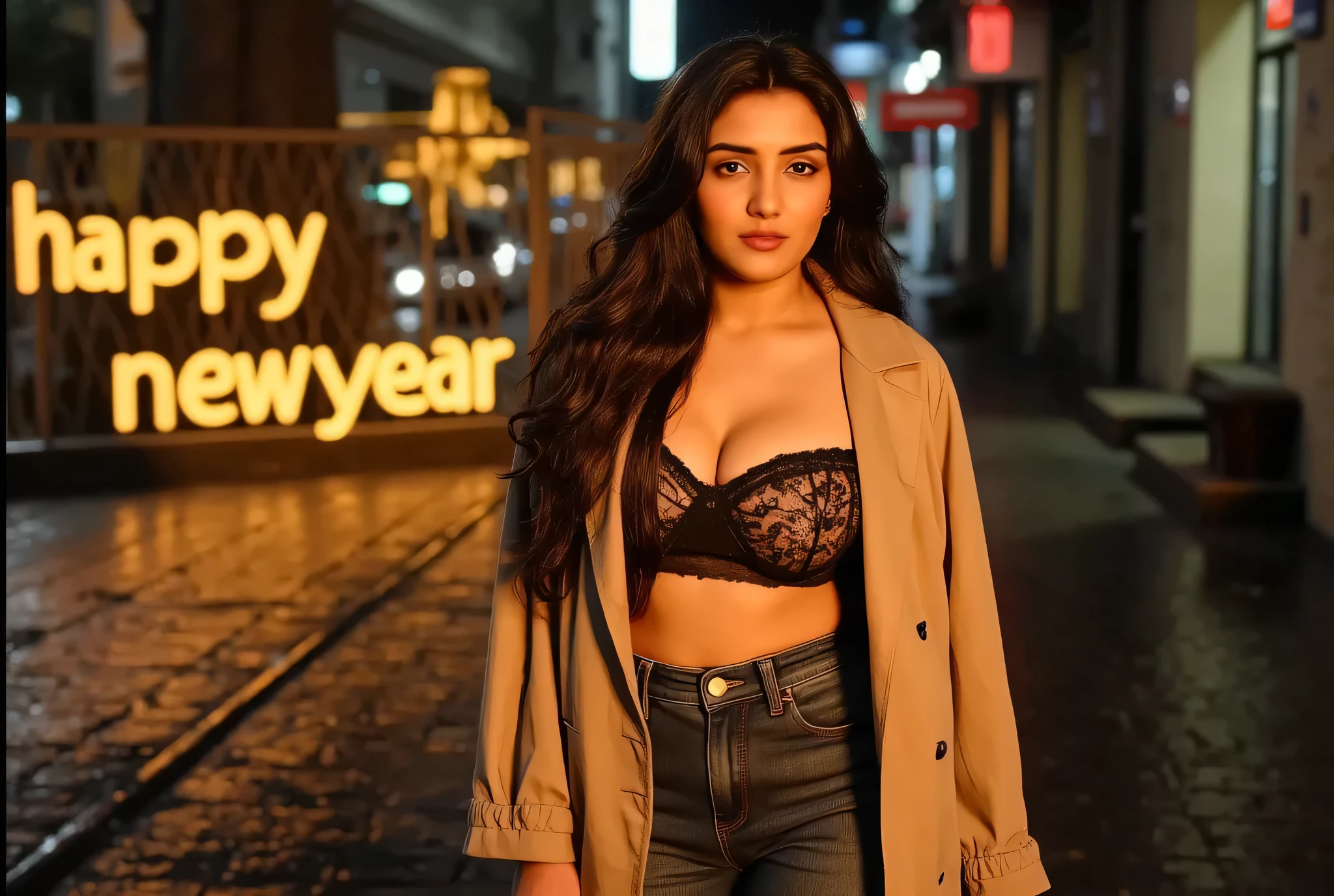 A woman walking down a quiet street in the rain, wearing an open trench coat with nothing but a lacy bralette and high-waisted jeans underneath. The rain soaks through her coat, revealing the silhouette of her body as the droplets slide down her skin. The cobblestone street reflects the warm glow of nearby streetlights, which form the words 'Happy New Year' in their reflection. The atmosphere is sultry, with the rain creating a sensual, intimate vibe.