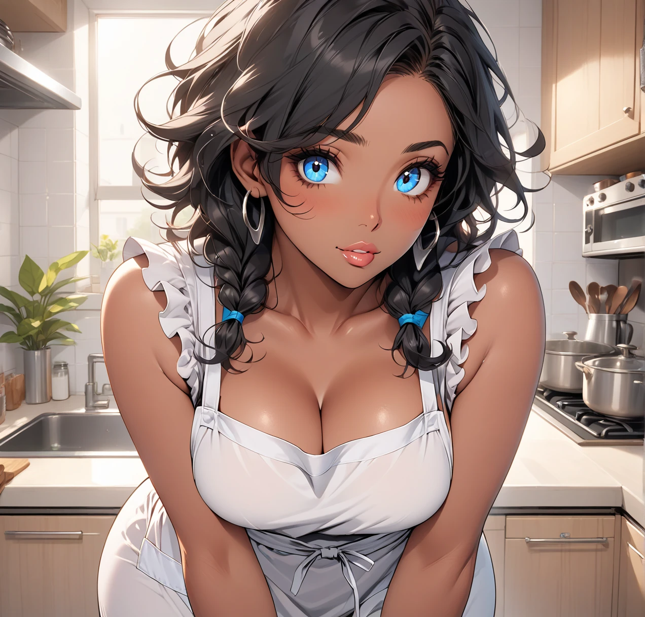 Mature female,  thick with pronounced curves. Shoulder-length black hair braided,. Blue eyes. Tan, dark skin. Sweet, almost innocent features with large eyes and small, kissable lips. Kitchen apron, 