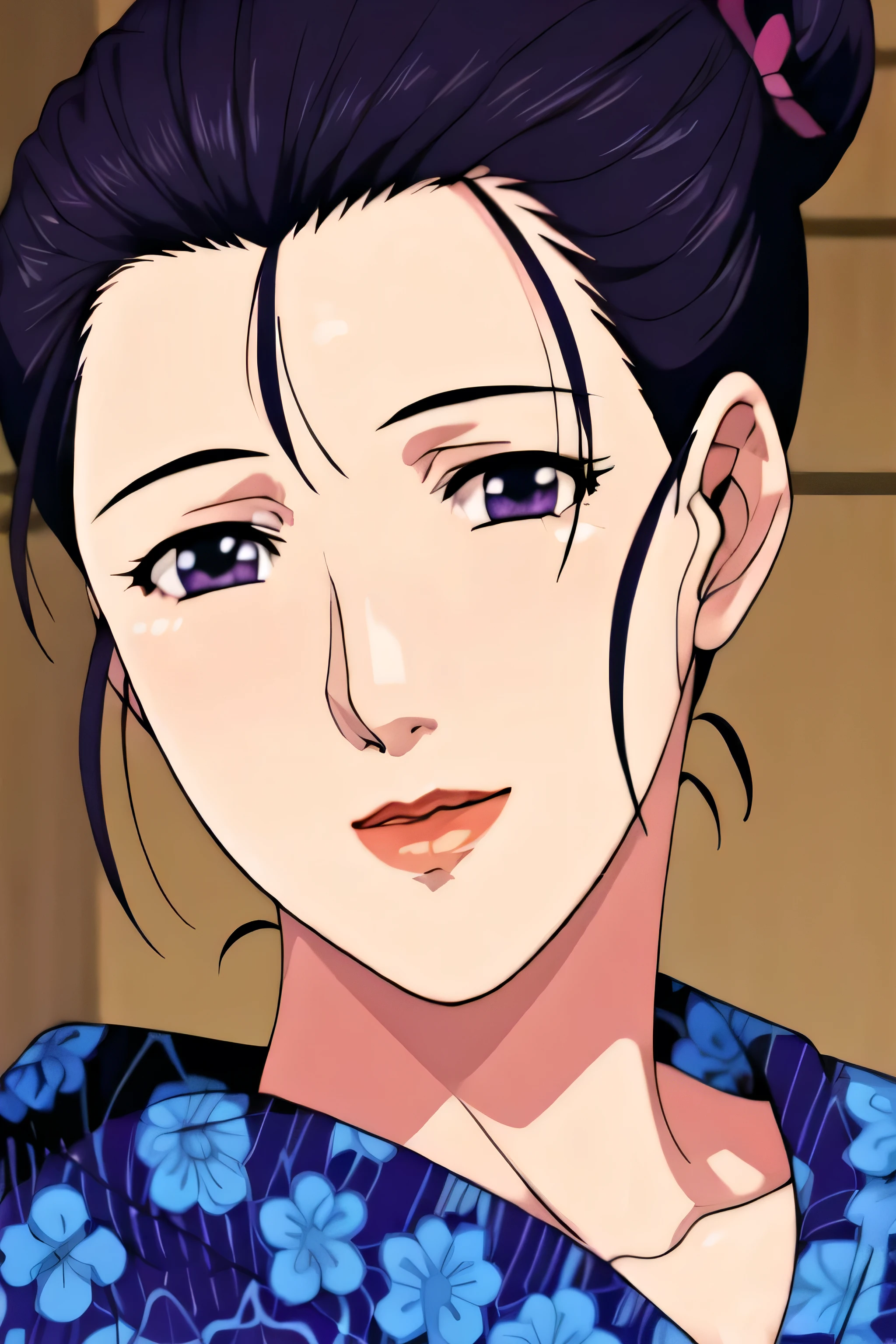 Simple Background,
Navy blue kimono,floral print,japanese clothes,wide sleeves,long sleeves,
cleavage,
purple eyes, black hair,bangs,hair bun,
1 girl, 20yo,Young female,Beautiful long legs,Beautiful body,
Beautiful Nose,Beautiful character design, perfect eyes, perfect face,expressive eyes,perfect balance,
looking at viewer,(Focus on her face),closed mouth, (innocent_big_eyes:1.0),(Light_Smile:0.3),
official art,extremely detailed CG unity 8k wallpaper, perfect lighting,Colorful, Bright_Front_face_Lighting,White skin,
(masterpiece:1.0),(best_quality:1.0), ultra high res,4K,ultra-detailed,
photography, 8K, HDR, highres, absurdres:1.2, Kodak portra 400, film grain, blurry background, bokeh:1.2, lens flare, (vibrant_color:1.2),professional photograph,
(Beautiful,large_Breasts:1.4), (beautiful_face:1.5),(narrow_waist),large breast, big boobs , milf , close face