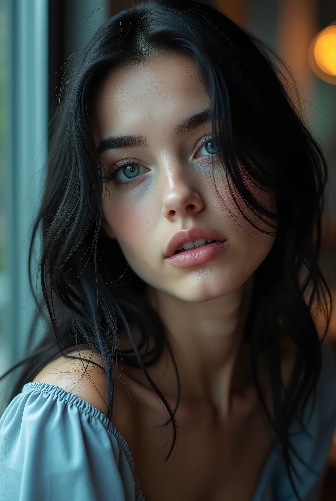 1 woman, beautiful blue eyes, long detailed black hair, elegant white dress, portrait mode, cinematic lighting, highly detailed, photorealistic, (best quality,4k,8k,highres,masterpiece:1.2),ultra-detailed,(realistic,photorealistic,photo-realistic:1.37),soft warm colors, dramatic lighting, exquisite details, ethereal, graceful pose, serene expression