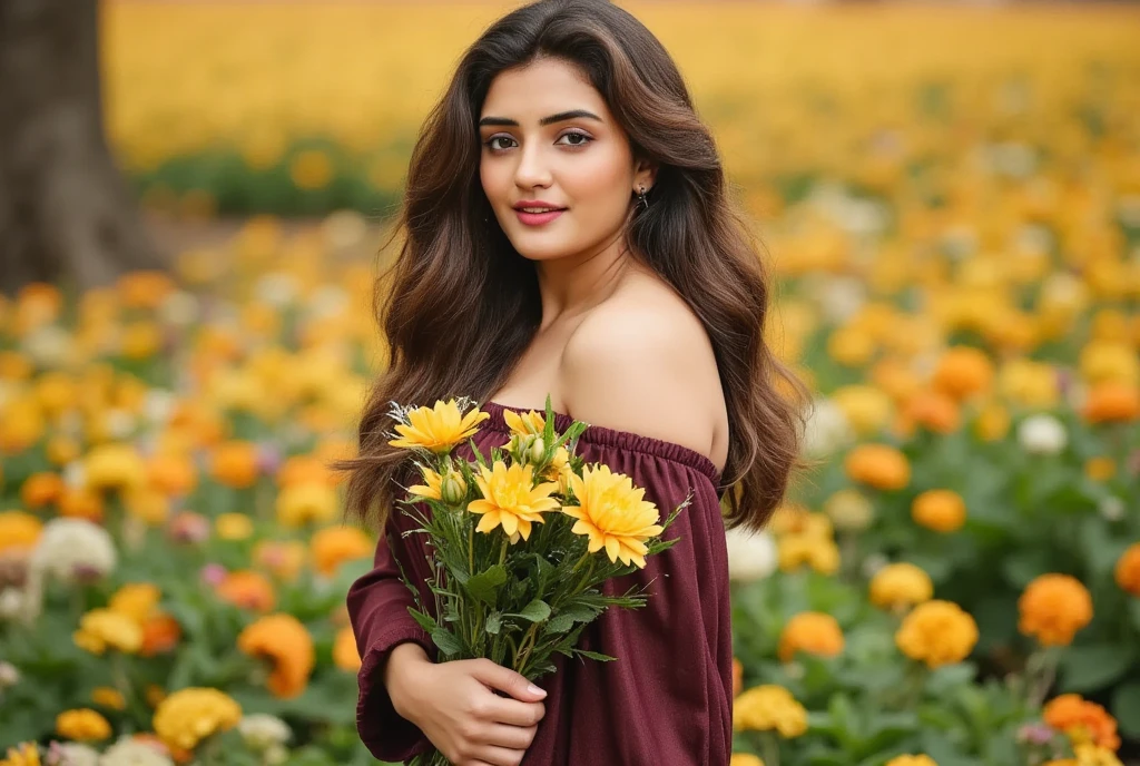 A woman standing in the middle of a lush flower field at dawn, holding a bouquet of colorful wildflowers in her hands. The flowers are arranged so that 'Happy New Year' is subtly written on the petals or leaves, glowing slightly in the soft morning light. The dew on the flowers adds a fresh touch to the scene, while the woman's flowing dress and wind-tousled hair give a sense of serenity and new beginnings."