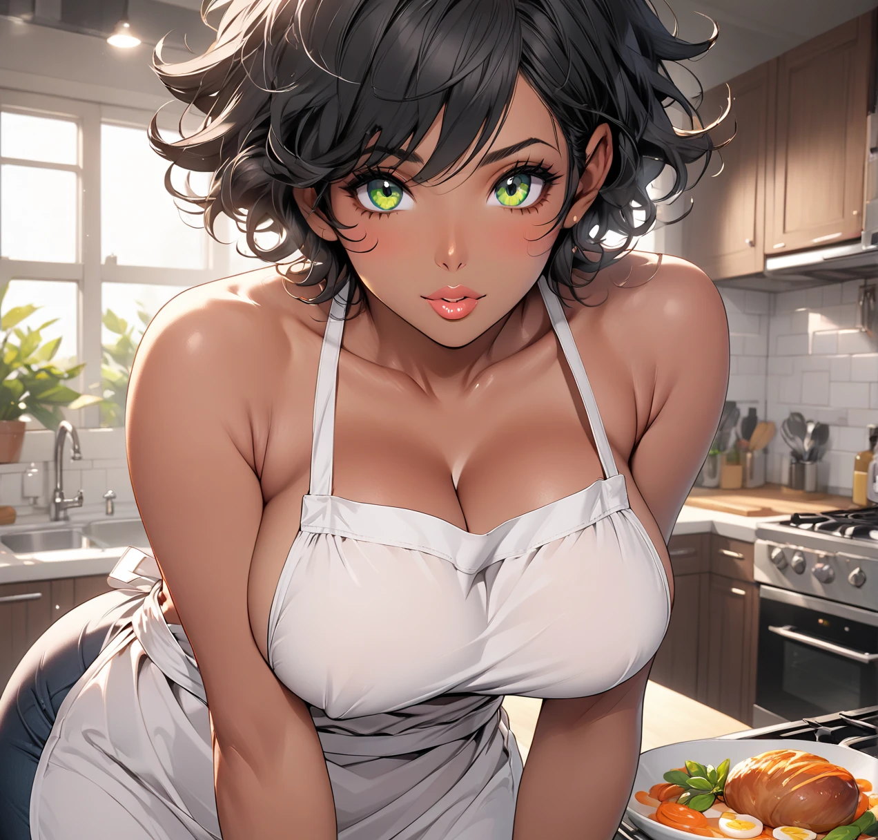 Mature female, thick with pronounced curves, large breast,Pixie cut black hair,. Green eyes. Tan, dark skin. Sweet, almost innocent features with large eyes and small, kissable lips. Kitchen apron, 