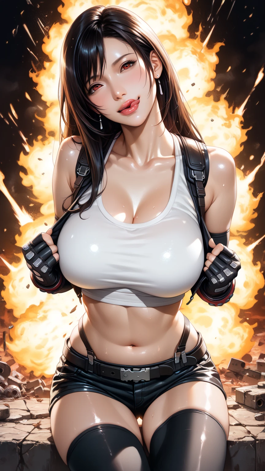 score_9,score_8_up,score_7_up,high res image,masterpiece,best quality,realistic,tifa lockhart,(vest:1.3),(suspender_shorts:1.3),(black_thighhighs:1.3),(gloves:1.2),(adult:1.2),(fair_skin:1.3),(shiny_skin:1.3),(((plump:1.4))),(black hair:1.2),(straight_hair:1.2),(long hair:1.2),beautiful detailed glow,((flames of war)),(((nuclear explosion behide))),((((hair_tucking:1.5)))),((((licking_lips:1.6)))),((((head_tilt:1.4)))),