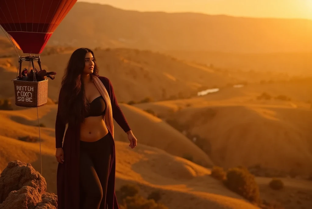 A woman standing at the edge of a cliff, holding onto the basket of a hot air balloon. The basket has a large, decorative sign that says 'Happy New Year' in bold, festive lettering. The balloon is tethered nearby, ready to take off as the woman gazes toward the horizon. The warm colors of the sunset light up her figure and the landscape, creating a moment of anticipation and excitement for the new year.