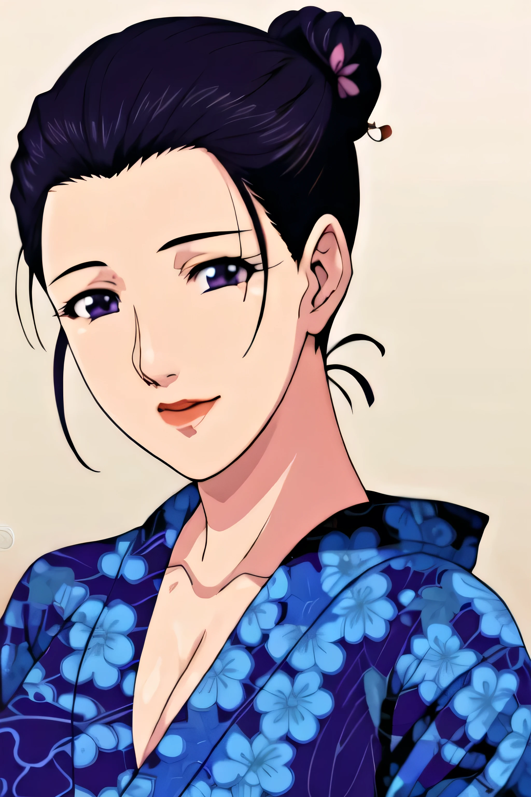 Simple Background,
Navy blue kimono,floral print,japanese clothes,wide sleeves,long sleeves,
cleavage,
purple eyes, black hair,bangs,hair bun,
1 girl, 20yo,Young female,Beautiful long legs,Beautiful body,
Beautiful Nose,Beautiful character design, perfect eyes, perfect face,expressive eyes,perfect balance,
looking at viewer,(Focus on her face),closed mouth, (innocent_big_eyes:1.0),(Light_Smile:0.3),
official art,extremely detailed CG unity 8k wallpaper, perfect lighting,Colorful, Bright_Front_face_Lighting,White skin,
(masterpiece:1.0),(best_quality:1.0), ultra high res,4K,ultra-detailed,
photography, 8K, HDR, highres, absurdres:1.2, Kodak portra 400, film grain, blurry background, bokeh:1.2, lens flare, (vibrant_color:1.2),professional photograph,
(Beautiful,large_Breasts:1.4), (beautiful_face:1.5),(narrow_waist),large breast, big boobs , milf , symmetric face , close face , front face